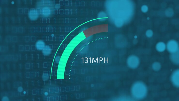 Animation of speedometer with changing numbers over circles against binary codes in background