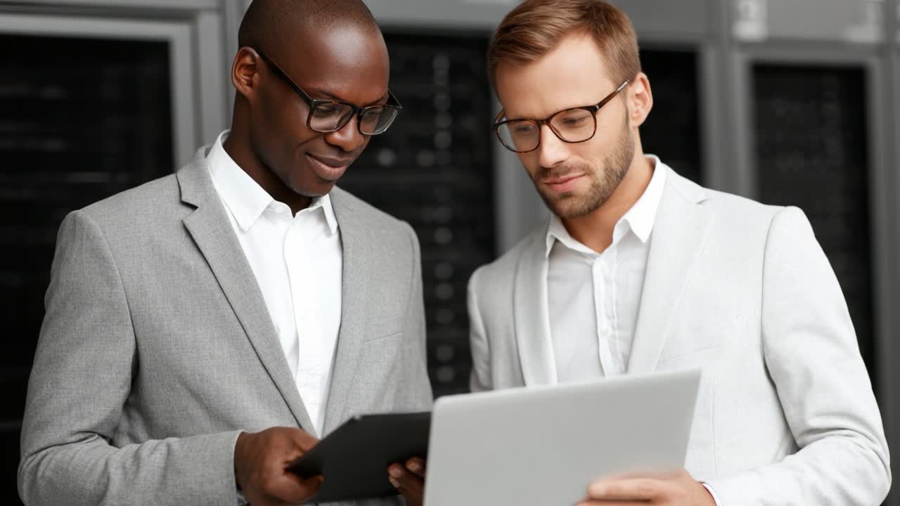 Two Business Professionals Engaged in Discussion Over Digital Devices in a Corporate Environment, Demonstrating Collaboration and Teamwork in Modern Workplace