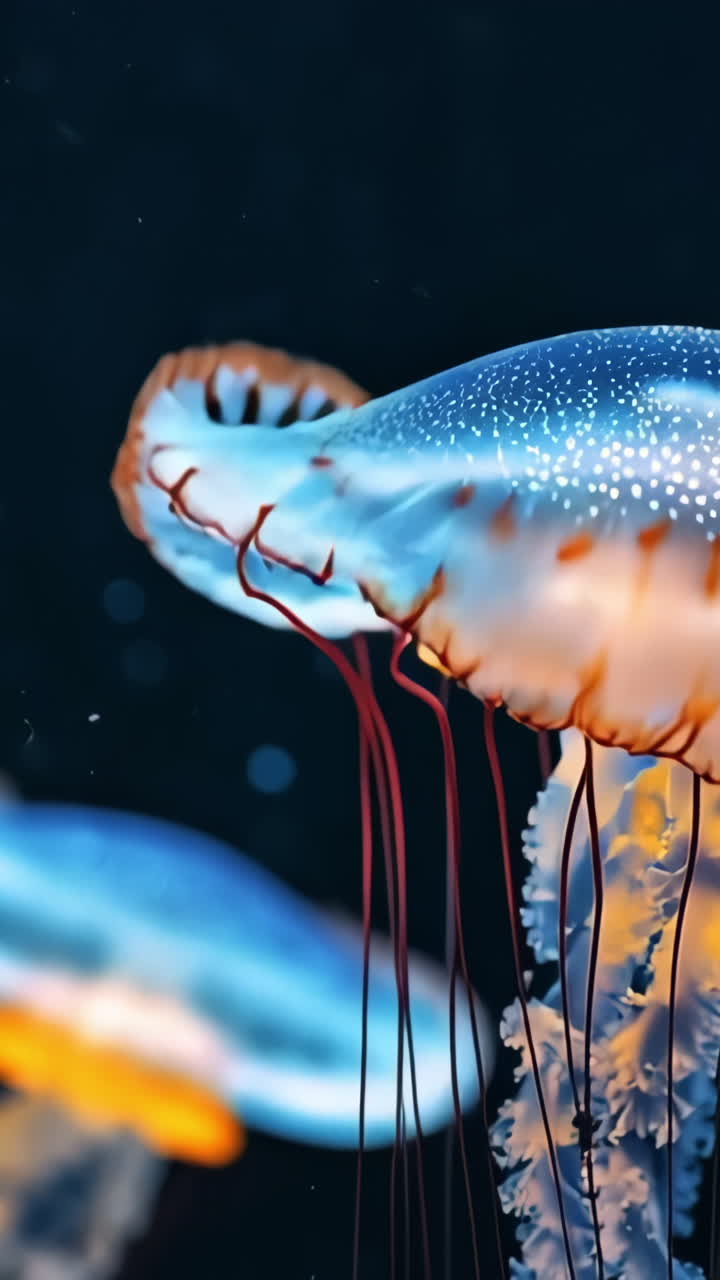 Jellyfish gliding in the deep. Jellyfish glide through dark waters, showcasing vibrant colors and delicate tentacles for a tranquil ambiance.