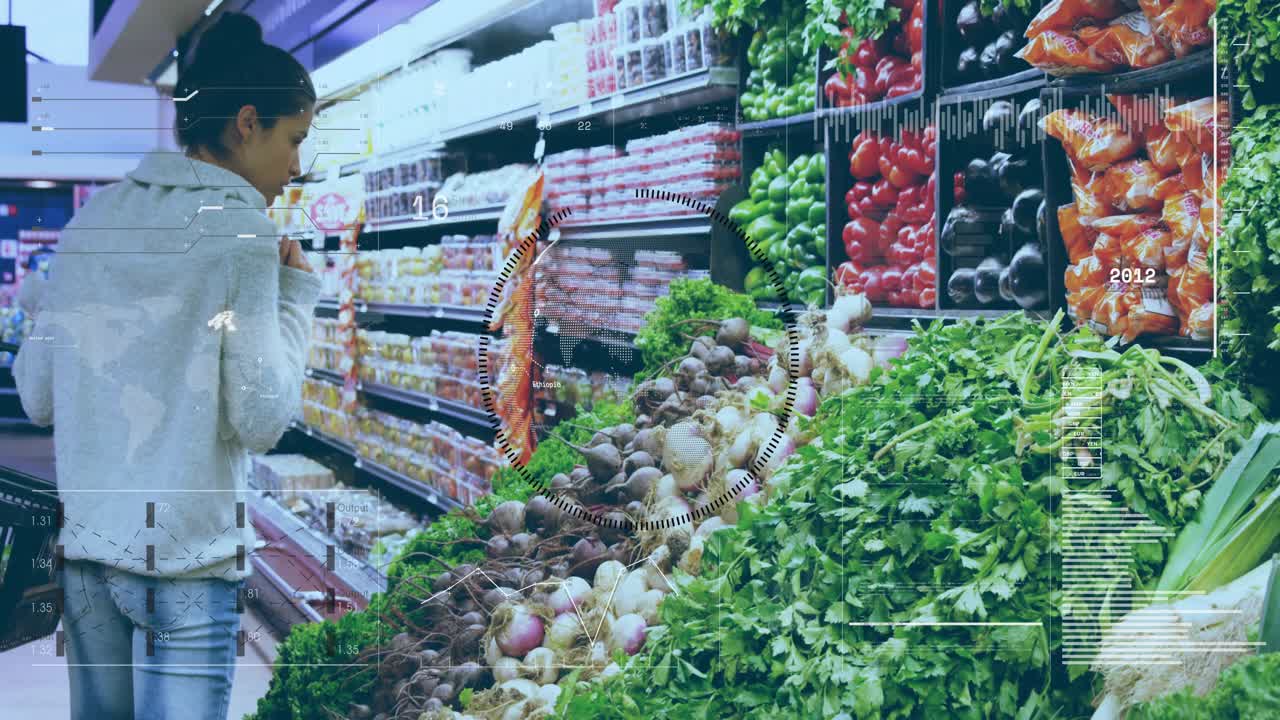 Woman leaning checking retail aisle sparking reticle waveform grid over herbs price guiding choice