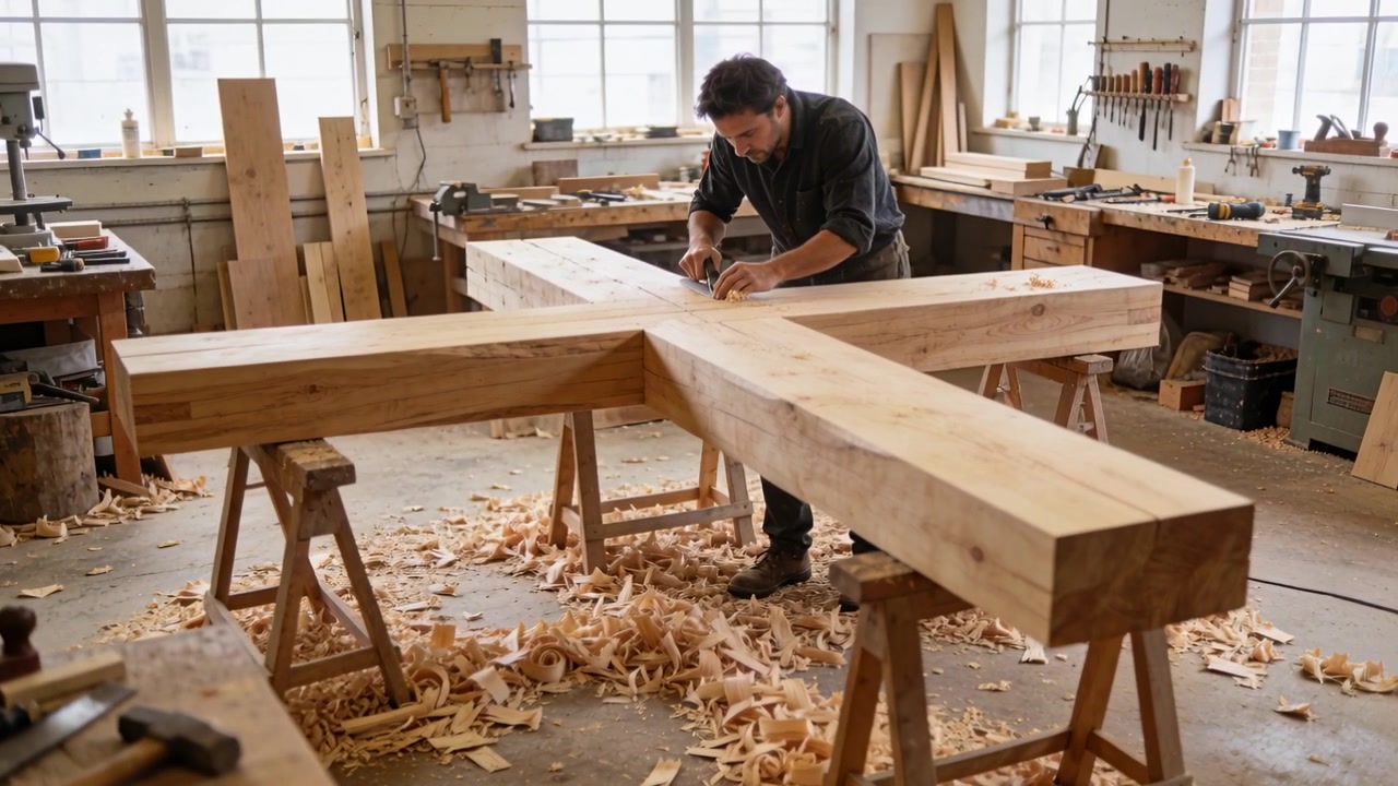 Planing craftsman in boots checking joint then smoothing crossbeam on sawhorses using hand plane