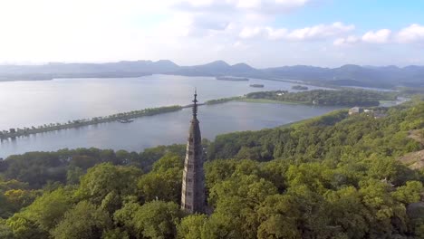 aerial view of baochu tower, west lake, hangzhou, zhejiang, china