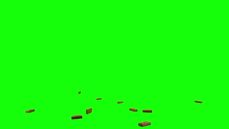 Splattering-bricks,-pieces-of-bricks-exploding-in-center-of-the-screen,-than-falling-and-scattering-on-imaginary-flat-surface,-green-screen-background,-animation-overlay-for-chroma-key-blending-option