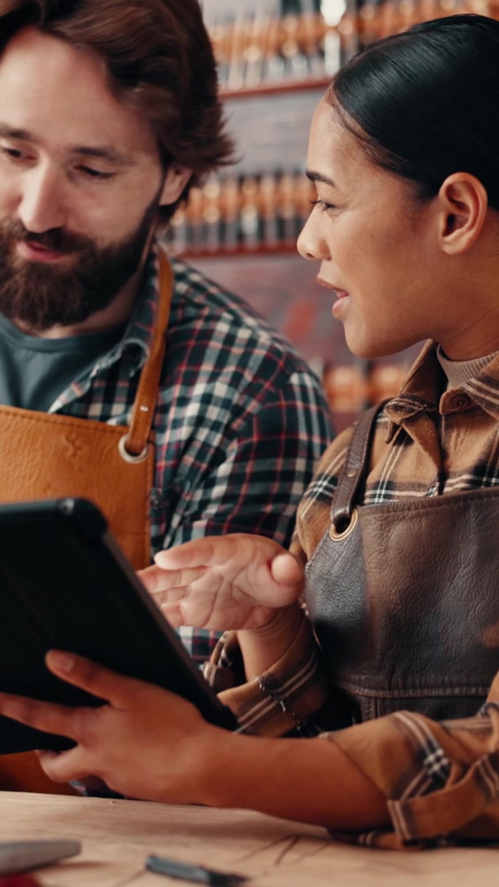 Due artigiani che discutono del lavoro su un tablet digitale in un laboratorio