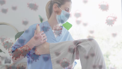 animation of covid virus cells over caucasian senior woman and nurse wearing face masks exercising