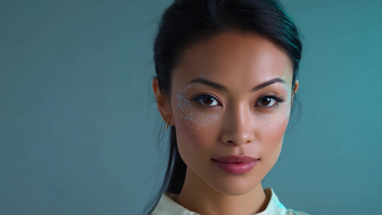 A Stunning Close-Up Portrait of a Woman with Sparkling Makeup Accents, Highlighting Elegance and Style Against a Soft Colored Background