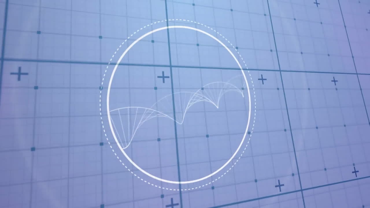 파란색 배경에서 격자 위에 회전하는 dna 가닥의 애니메이션
