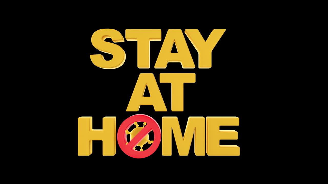 permanecer en casa texto con alfa en bucle para el concepto de auto cuarentena para reducir la propagación del virus renderización 3d