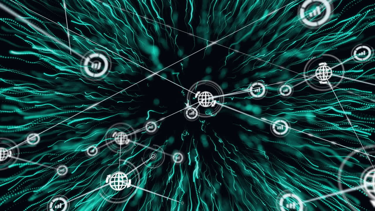animación de la red de conexiones con iconos digitales sobre explosión verde