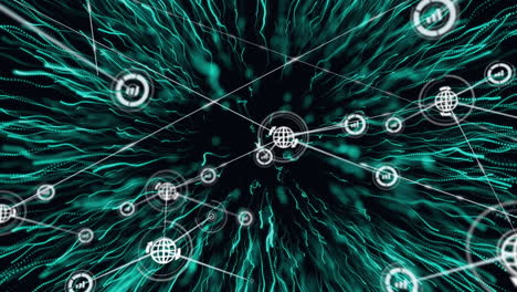 animation of network of connections with digital icons over green explosion