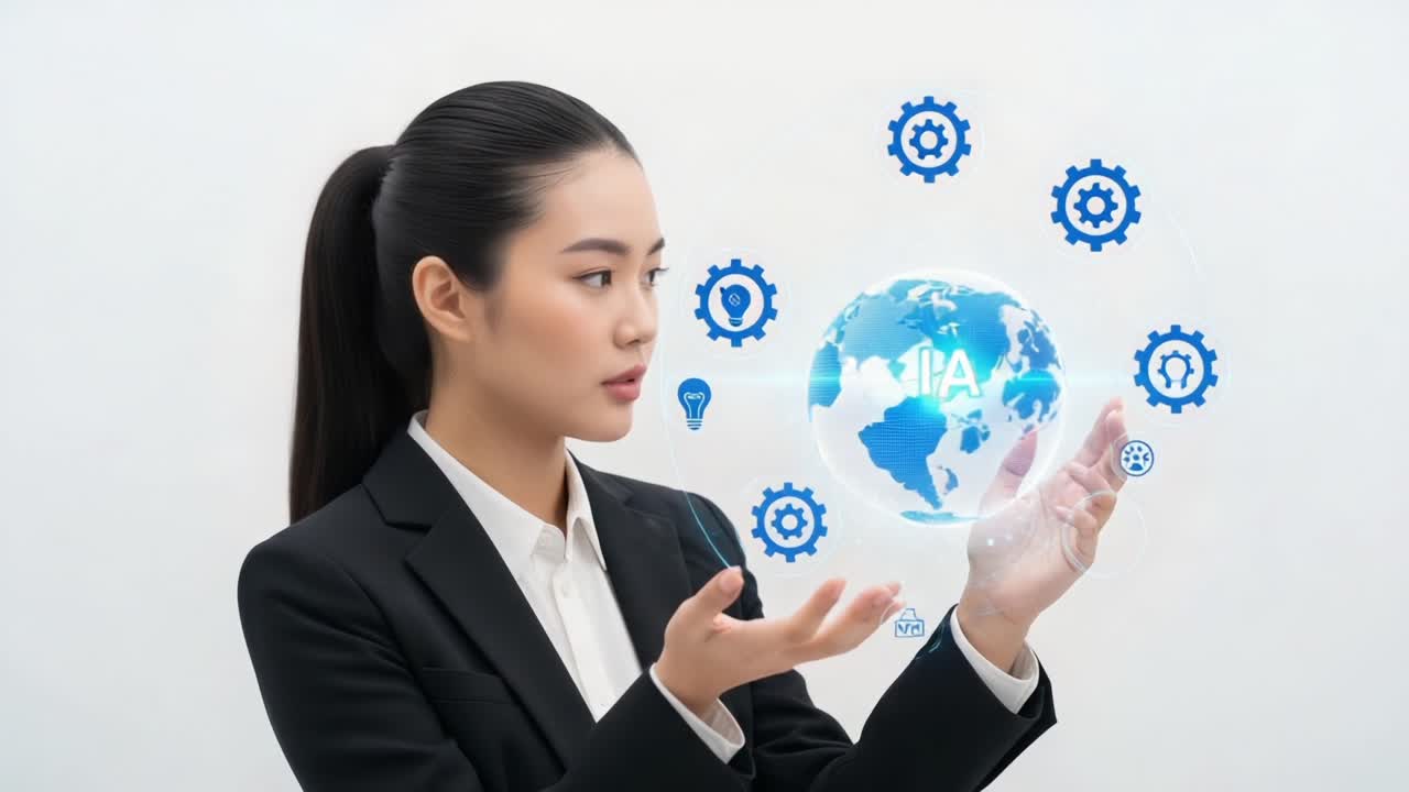 A businesswoman engaging with a holographic globe, showcasing artificial intelligence and technology, representing innovation and global connectivity in a modern digital world
