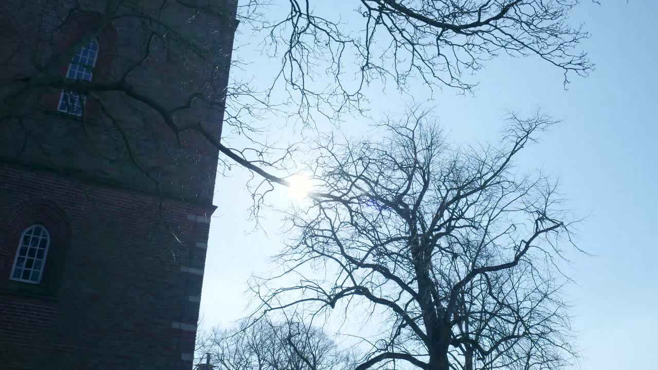 Vintersolen skinner gennem nøgne trægrene og en historisk bygning