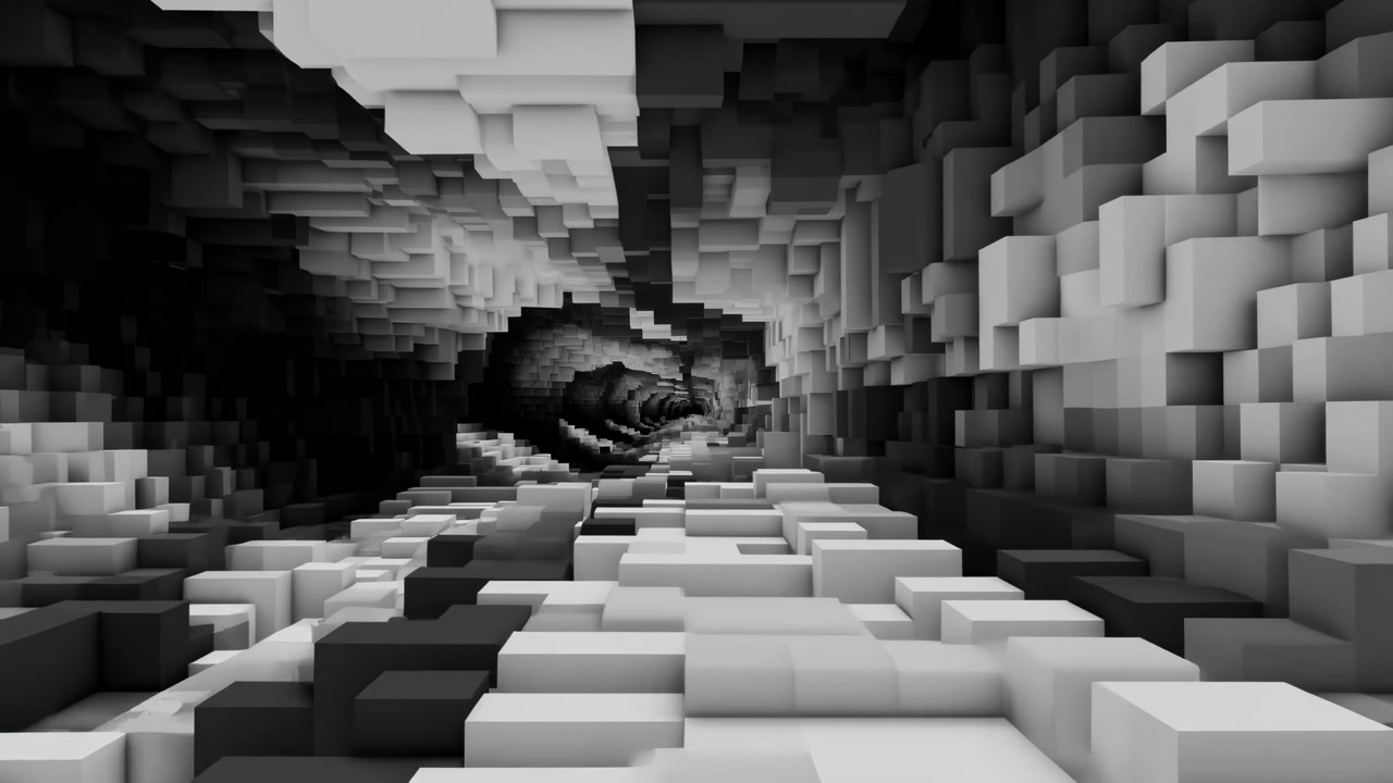 Grayscale Voxel Tunnel Pixelated Corridor Leading Into Deep Recursive Block Cave, Dramatic Highcontrast