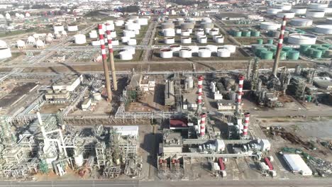 aerial birds eye drone view of a large chemical products refinery in matosinhos, portugal