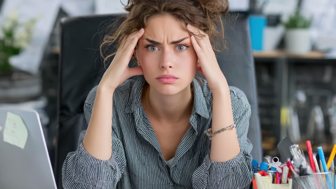 Una giovane donna frustrata lotta contro lo stress alla sua scrivania di lavoro, catturando le emozioni di ansia e sopraffazione in un esigente ambiente lavorativo moderno.
