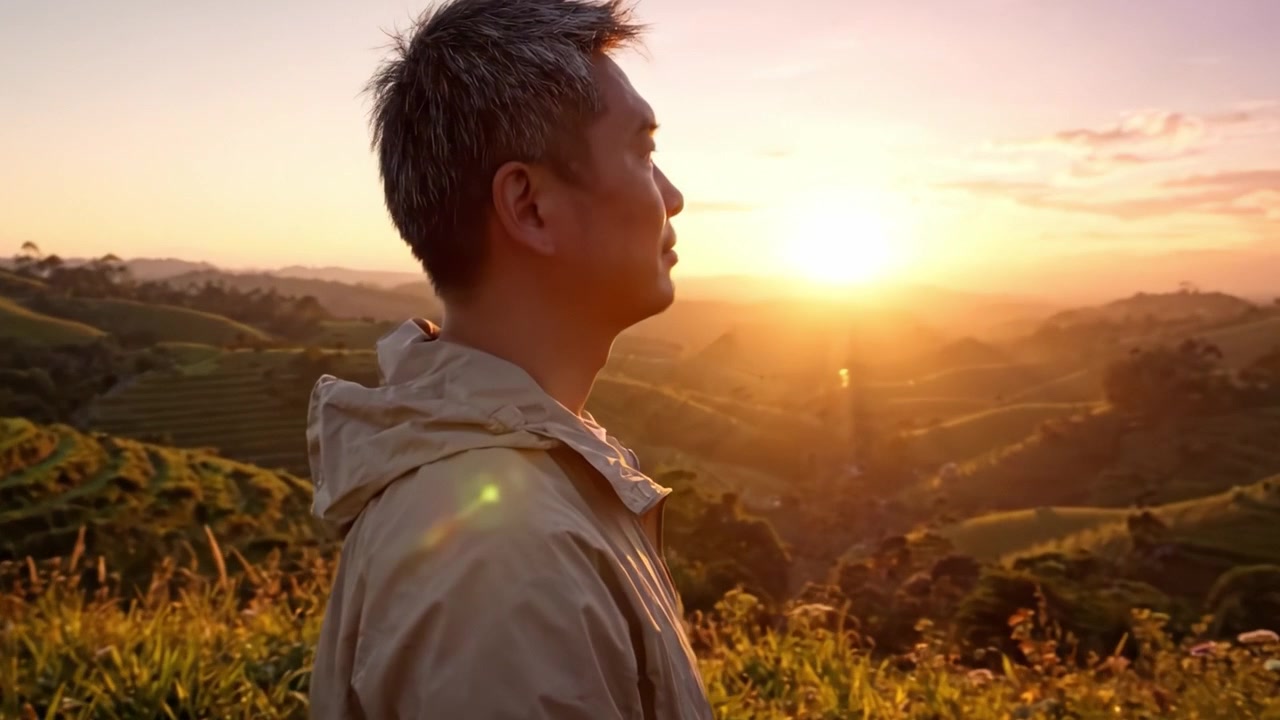 Contemplando la Hora Dorada: Un Hombre Observando el Impresionante Atardecer Sobre Colinas Ondulantes y Campos Verdes, Rodeado por el Esplendor y la Tranquilidad de la Naturaleza