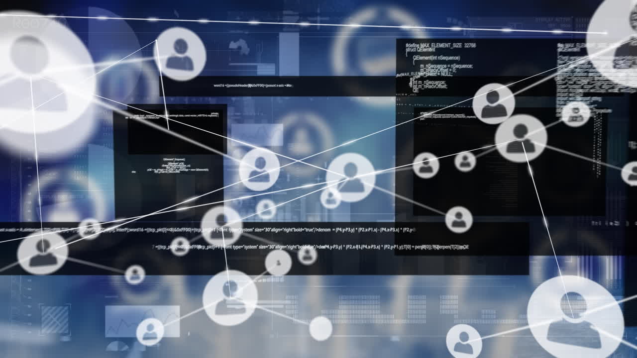 Animation of network of connections with icons over data processing