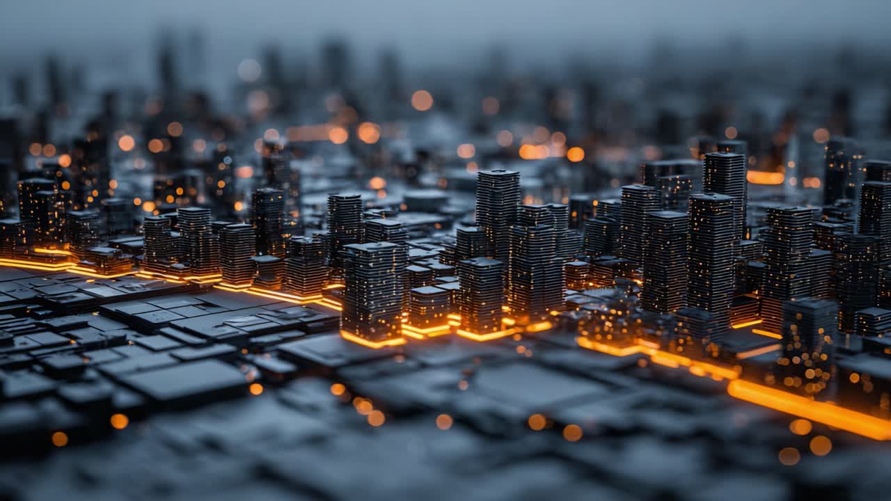 A Stunning Aerial View of a Modern Urban Cityscape at Night, Showcasing Illuminated Skyscrapers and Vibrant Streets Glowing with Warm Light