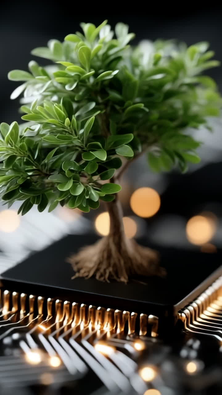 Tree sprouting from a chip. A small tree grows from a microchip, surrounded by circuit patterns and glowing lights, blending nature with tech.