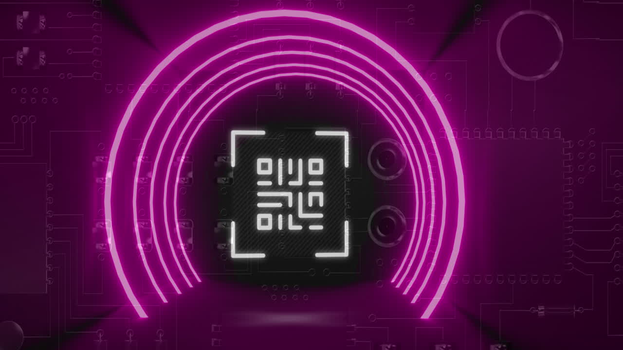 escáner de código qr con elementos de neón contra el primer plano del servidor de computadora