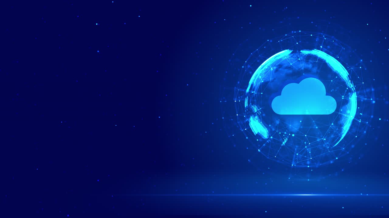 Digital plexus network rotating globe featuring a glowing cloud icon symbolizing global data