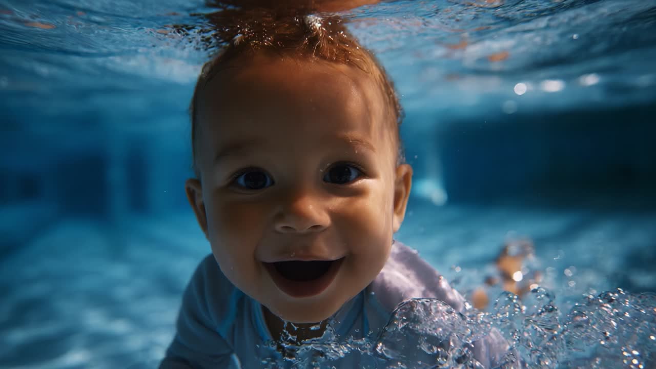 A joyful baby swimming underwater, showcasing pure delight as bubbles surround their smiling face, capturing a playful moment in a vibrant aquatic environment, emphasizing laughter and tranquility through water play