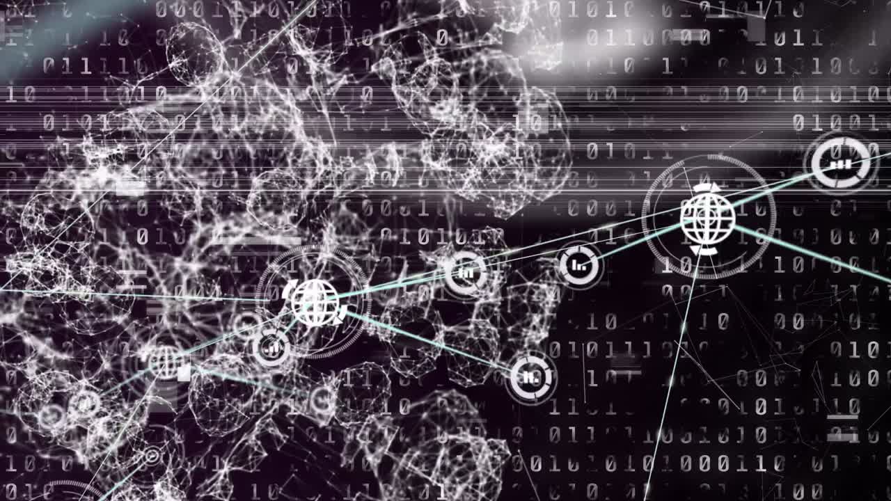 검은 바탕 위의 데이터 처리 및 아이콘의 애니메이션