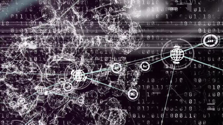 Animation of data processing and icons over black background