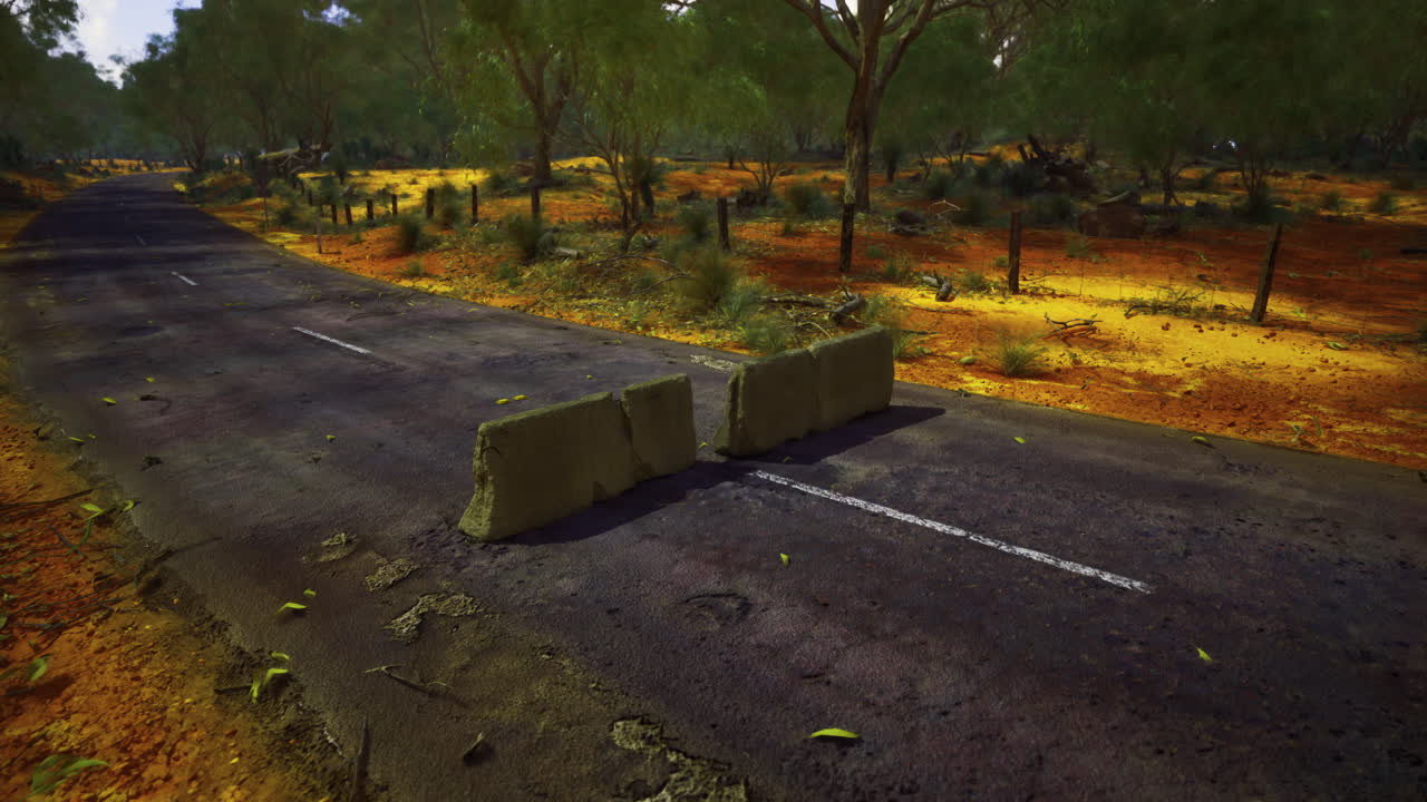 Road block disrupts travel through isolated australian wilderness with trees
