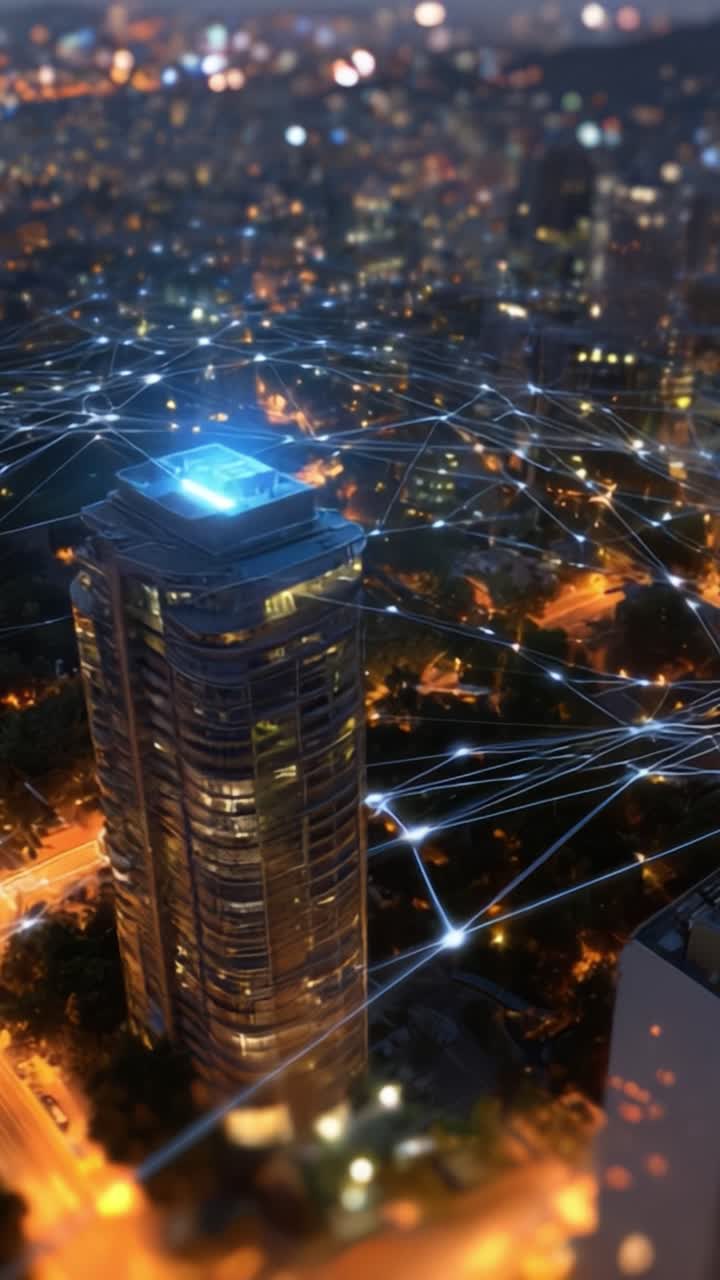 Vista aerea di un vivace paesaggio urbano notturno con un grattacielo illuminato circondato da una rete dinamica di luci e linee di connettività.