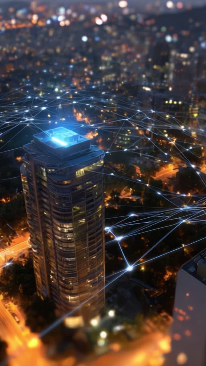 Vista aerea di un vivace paesaggio urbano notturno con un grattacielo illuminato circondato da una rete dinamica di luci e linee di connettività.