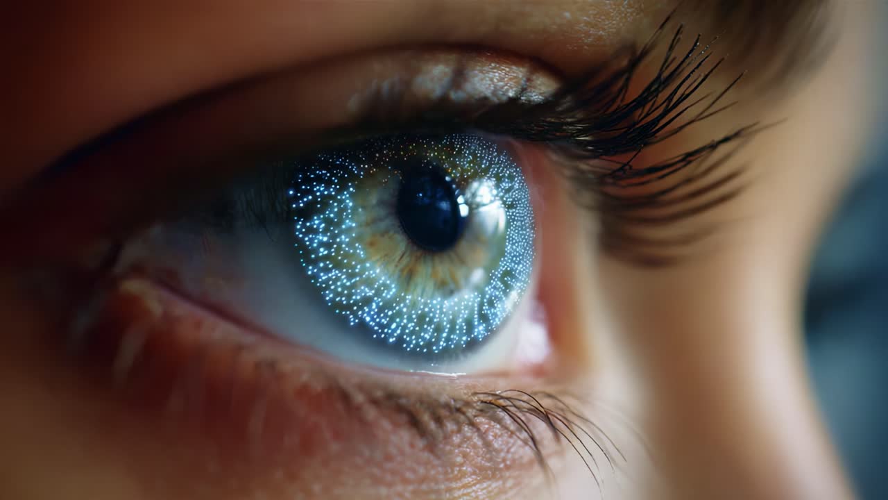 A Captivating Close-Up of an Eye with a Futuristic, Sparkling Blue Animation Displaying Intricate Patterns and Vibrant Colors in a Unique Visual Effect