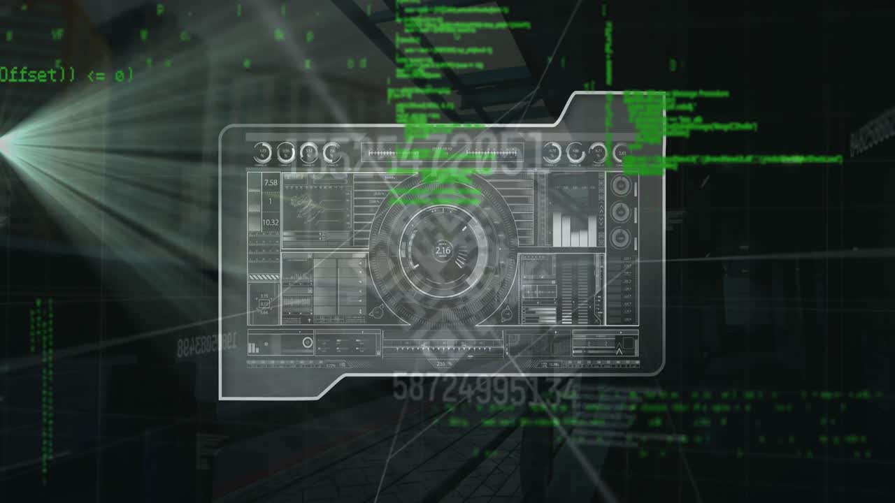 폴더 아이콘과 검은색 배경에 대한 빛의 반점에 대한 데이터 처리 인터페이스의 애니메이션