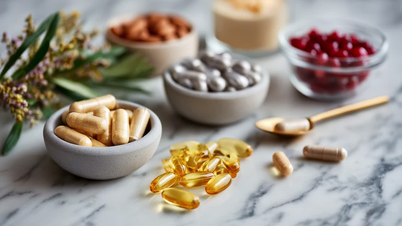 Colorata presentazione di integratori alimentari, tra cui capsule e vitamine gommose, su una superficie di marmo circondata da elementi naturali e cibi sani