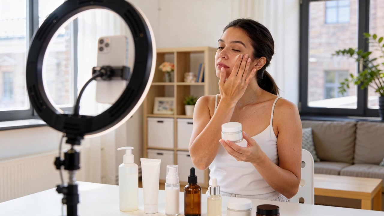 Opening jar, woman wearing white tank applying it at home, filming on phone with ringlight
