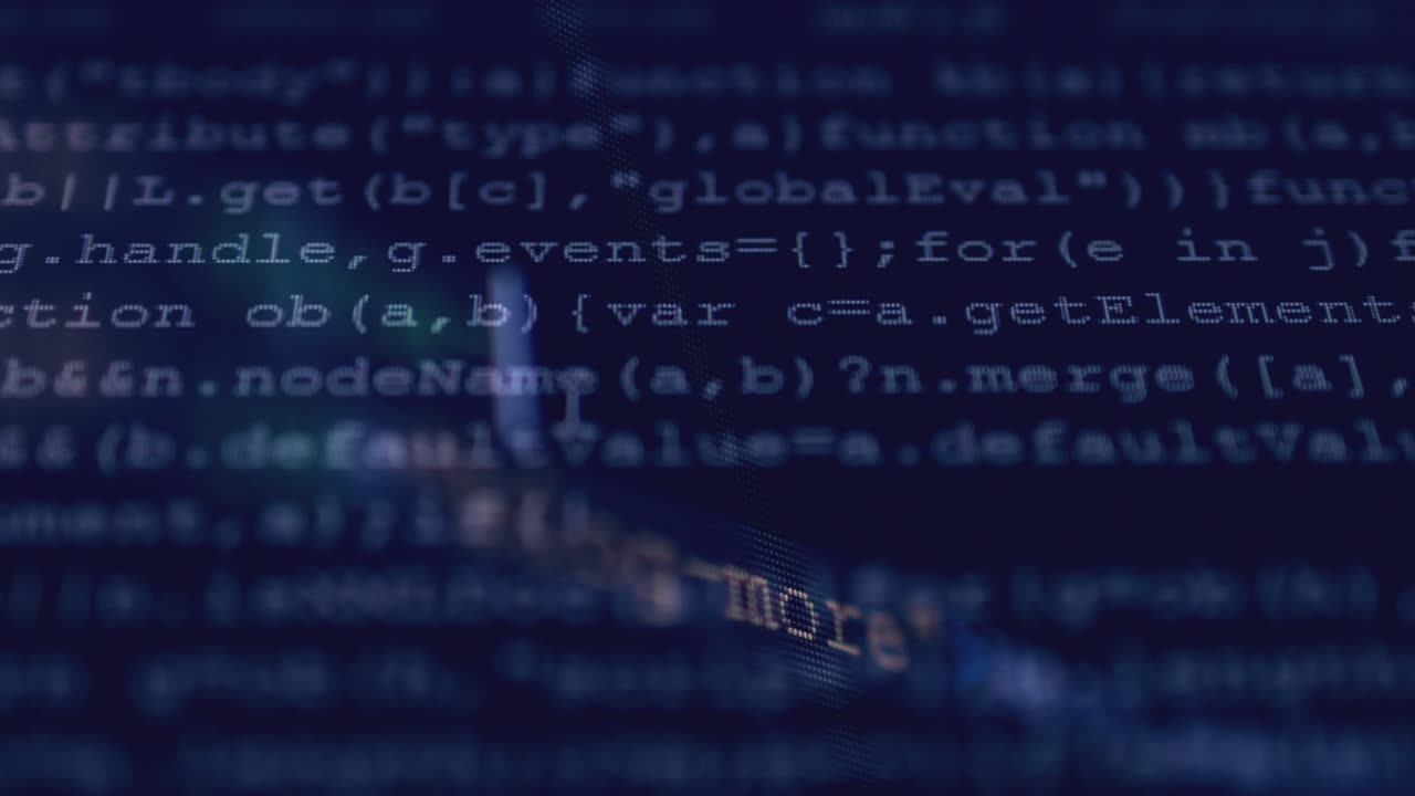4k-close-up-shot html-tag-code auf dem pc-monitor scrollen sie auf dem blauen bildschirm nach unten.