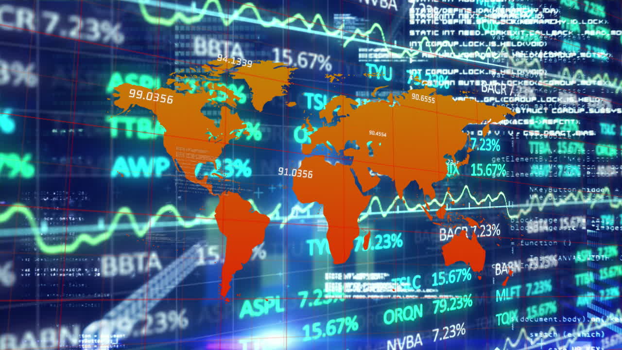 Global stock market data is displayed on screens, with vibrant colors