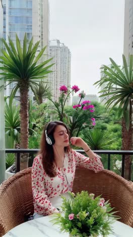 smiling woman listening to music with headphones sitting on the balcony.