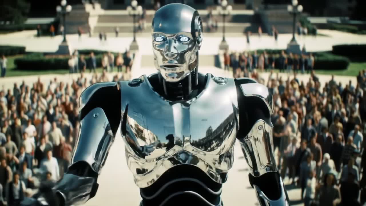 A Futuristic Robot Stands Dominantly Before an Enthralled Crowd, Emanating Power and Authority in a Pivotal Moment of Technology and Human Interaction