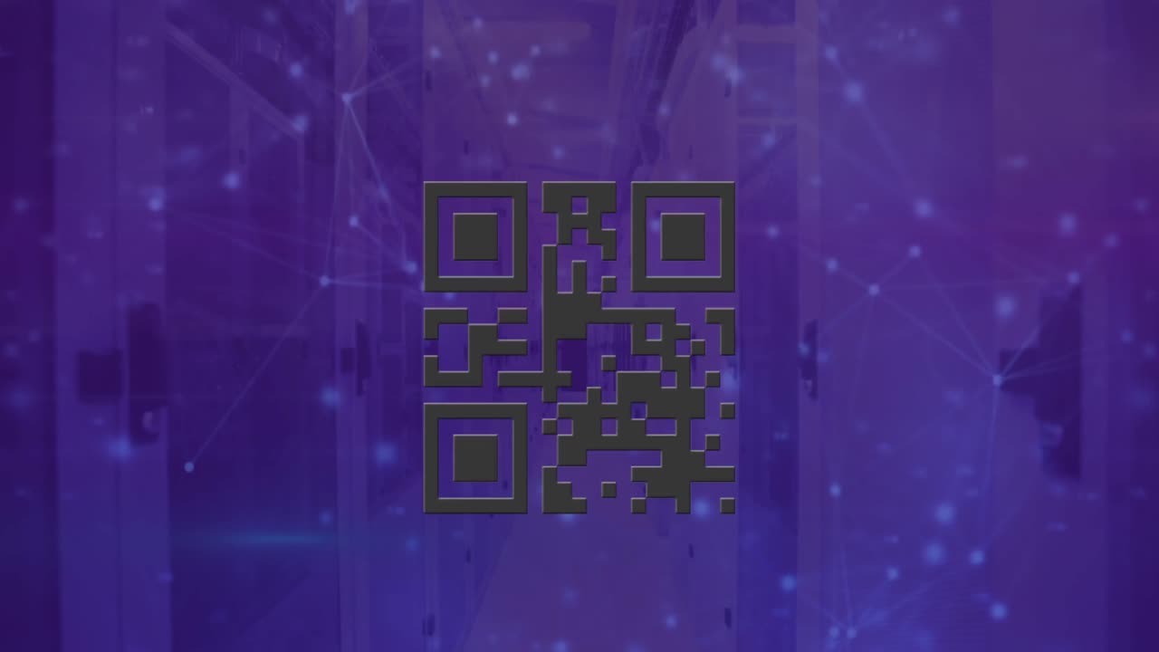 Animation of qr code and network of connections over server room