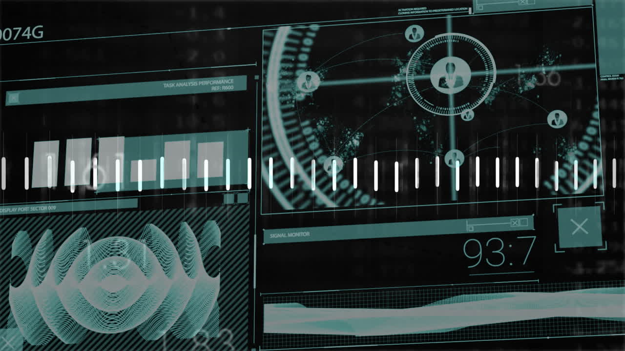 Displaying animation of data graphs and network connections in futuristic style