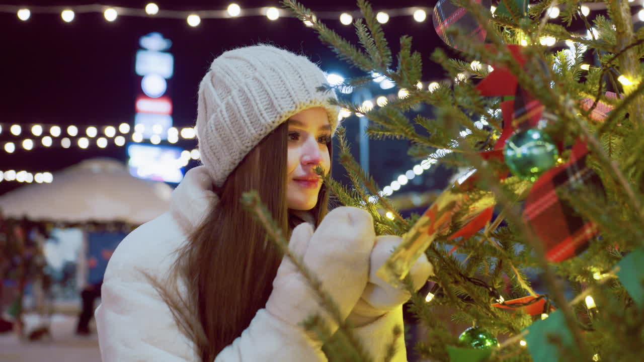 Young woman in cozy winter attire approaches beautifully decorated Christmas tree, gently touching pine branches with warm smile, soft festive lights in background