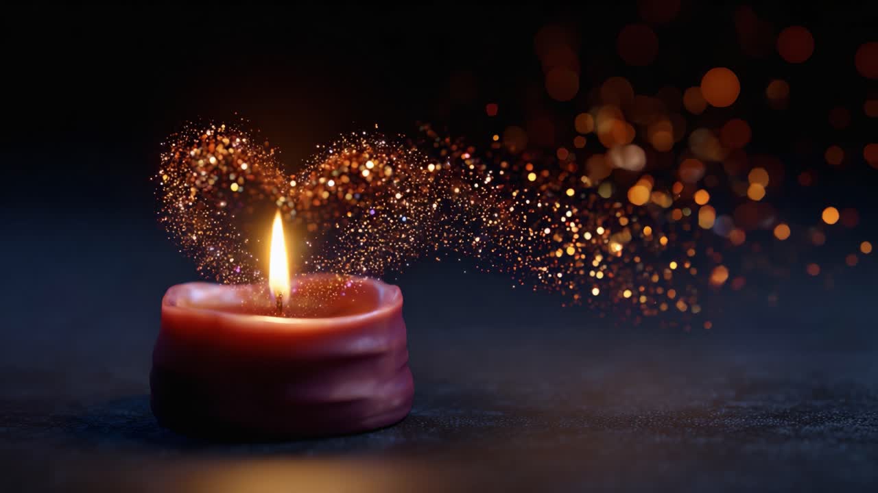 Lume di candela incantevole: una candela splendente circondata da scintille mistiche e glitter a forma di cuore, per creare un'atmosfera di calore e serenità