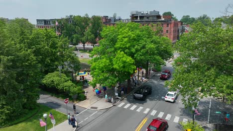 drone view of people gathering near a park on a sunny summer day participating in a pride festival