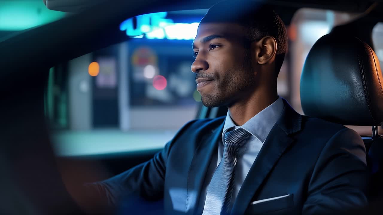 Confident Professional in a Suit Driving at Night: A Glimpse into a Man's Journey Captured Inside a Stylish Car with City Lights in the Background