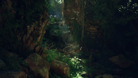 un camino iluminado por el sol a través de un bosque exuberante y cubierto de vegetación