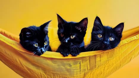 three black kittens are sitting in a yellow hammock