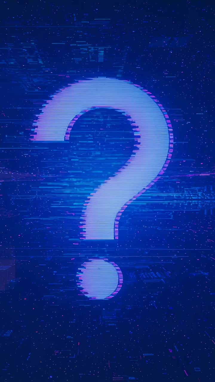 Vertical video: Pulsing central magenta question mark sending marks sliding on blue grid, scanlines