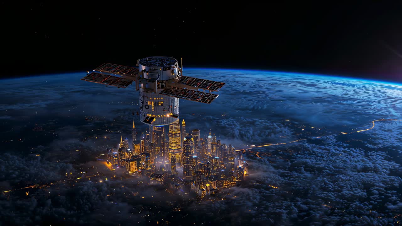 Rotating orbital platform with solar panels as orbiting over nightside, revealing lit city and limb