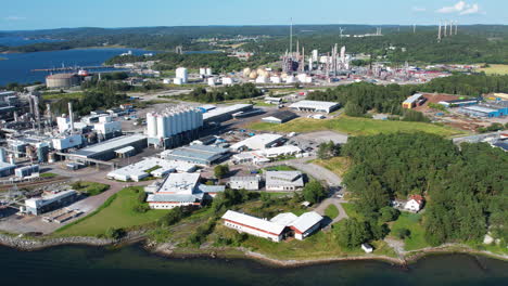 pan drone shot of borealis, stenungsund industry for polyolefins and base chemicals in sweden